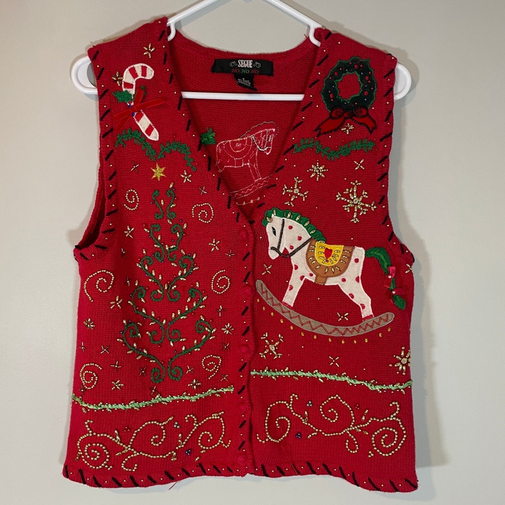 VTG Segue Ho Ho Ho Womens Red Beaded Rocking Horse Christmas Sweater Vest Small